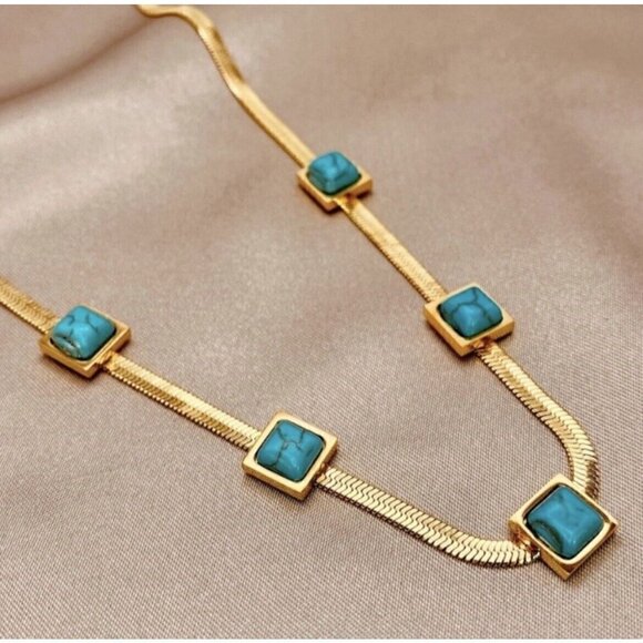Gold Plated turquoise Herringbone necklace Snake Womens Jewelry Fishbone - Picture 5 of 12